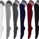 DRESHOW 6 Pairs High Thigh Socks Striped Over Knee Thin Tights Long Stocking for Women Leg Warmer (6 Pairs: Wine Red, Navy, Black, White, Light Gray, Gray) One Size