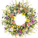 Yawwind 22 Inches Summer Wreaths for Front Door Spring Flower Wreaths Summer Door Wreath Colorful Wildflower Wreath with Daisy Lavender for Window Indoors Outdoor Decor