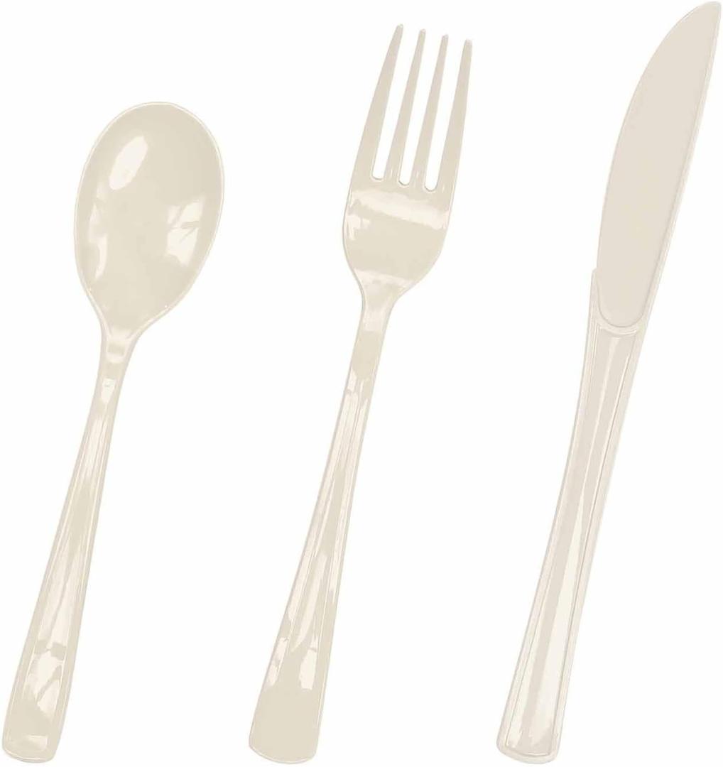 HEIPINIUYE 75 Pack Ivory Plastic Cutlery Heavy Duty Ivory Plastic Knives Forks and Spoons Disposable Silverware Set for 25 Guest Camping Birthday Baby Shower Party Cutlery Set