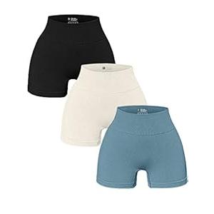 OQQ Women's 3 Piece Yoga Ribbed Seamless Workout High Waist Athletic Legging Shorts, Black Beige Blue, Medium 