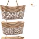 Over the Door Hanging Basket for Organizing 3 Tiers Woven Cotton Rope Wall Mount Storage basket Decorative Kitchen Hanging Organizer Bathroom include 1 door hook Flaxen Stripe