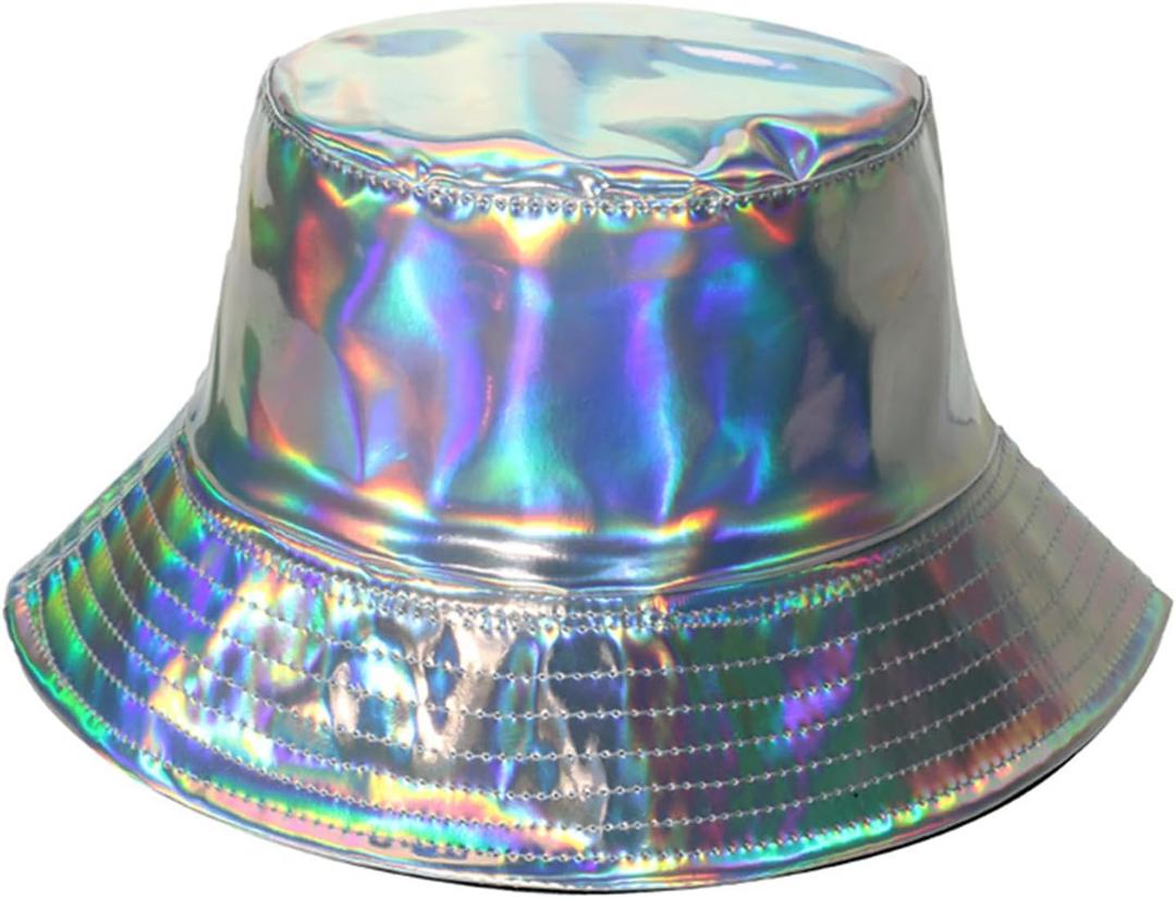 ASIJUNTYECHO Metallic Bucket Hat for Men Women,Unisex Fashion Fishing Hat,Waterproof Holographic Bucket Hat Fisherman Cap,Trendy Hip Pop Sun Cap,Wide Brim Sun Hat