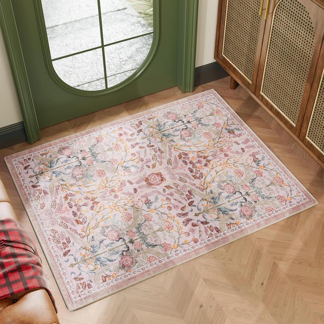 AMTOVO 2x3 Washable Entryway Area Rug Door Mat, Vintage Boho Floral Distressed Print Non-Slip Carpet, Small Throw Rug for Indoor Entrance Kitchen Bedroom Bathroom Laundry Floor, Pink