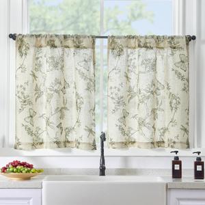 Lazzzy Green Floral Linen Kitchen Curtains 24 Inch Long, Linen Farmhouse Cafe Rustic Country Small Curtains Rod Pocket Tiers, 2 Panels, Green on Beige