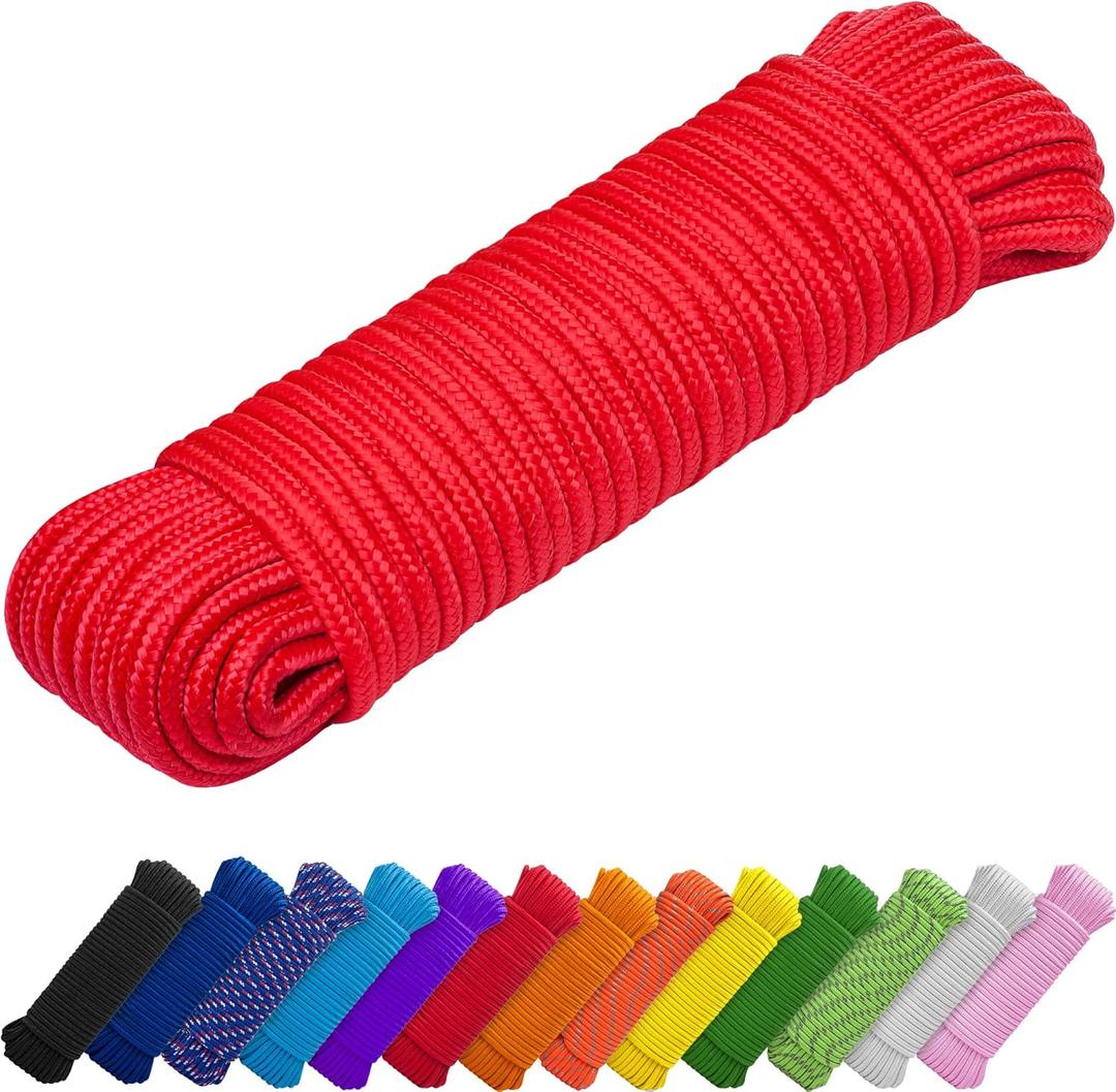 TECEUM Rope  150 Feet x 1/4 Inch (7mm)  Red  Strong All-Purpose Utility Rope  Camping, Crafting, Flag Pole, Indoor & Outdoor  Polypropylene Nylon Poly Lightweight Diamond Braided Cord