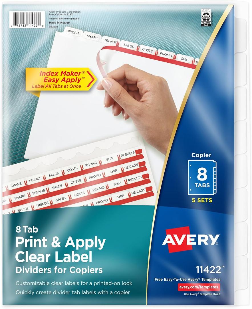 Avery 8 Tab Dividers for 3 Ring Binder, Easy Print & Apply Clear Label Strip for Copiers, Index Maker Customizable White Tabs, 5 Sets (11422)