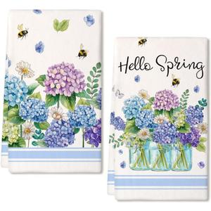 Purple Hydrangea Spring Kitchen Towels Set of 2,Bee Vase Flower Dish Hand Towels Farmhouse Indoor Outdoor Holiday Seasonal Decorations DD096 (Blue)
