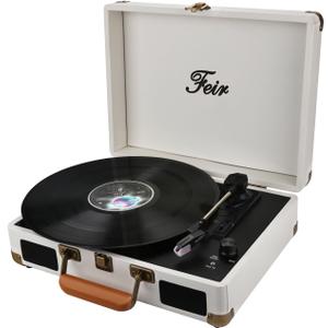 Vinyl Record Player Bluetooth with Speakers 3 Speed Portable Turntable Suitcase Built In 2 Speakers RCA Line Out AUX Headphone Jack PC Recorder - White