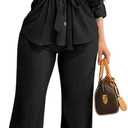CHICME 2 Piece Sets for Women Summer Outfits Dressy Button-Down Shirt and Wide Leg Pants Drawstring Waist Casual Travel Set (Black, M)