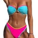 ZAFUL Women's Bandeau Bikini V Strapless Confetti Colorblock Tie Back High Cut Two Piece Swimsuit Bathing Suits (1-rose Red) S