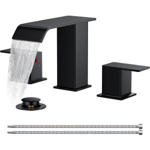 FORIOUS Bathroom Faucets 3 Hole,Matte Black 8 Inch Widespread Bathroom Sink Faucet Waterfall Spout, with Pop Up Drain and Water Supply, Suitable for Vanity Rv Commercial Lavatory Restroom