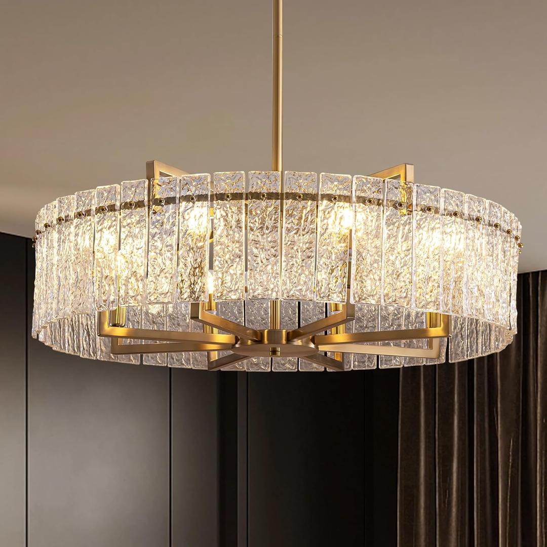 Moooni 33.5" Modern Round Luxury 8-Light Drum Chandelier, Large Gold Water Ripple Glass Chandelier for Living Room, Dining Room, Bedroom, Hotel Foyer