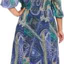 London Times Women's Women's Square Neck 3/4 Sleeve Paisley Midi Dress - Fit and Flare Wedding Guest Dresses (Blue) 18W