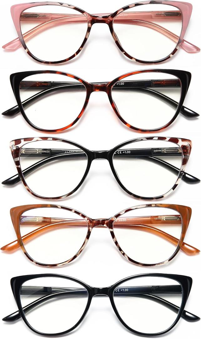 EYEURL 5 Pack Reading Glasses for Women-Cat Eye Blue Light Blocking Readers Fashion Computer Glasses with Spring Hinge Anti-Glare Readers for Women 1.5