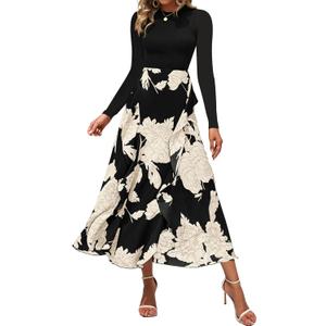 BTFBM Womens Floral Maxi Dress Fall 2025 Casual Crewneck Long Sleeve Ruffle Flowy Cocktail Wedding Guest Dresses (Medium, White Floral Black)