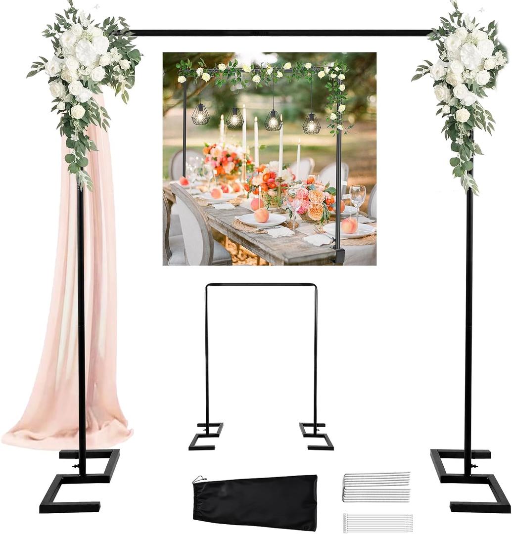 8.2FT Square Arch Backdrop Stand,Metal Black Wedding Balloon Arch Stand,Backdrop Adjustable Stand Heavy Duty, Extra 2 Clamps Change Over The Table Rod Stand for Party Decoration,Garden Trellis Frame