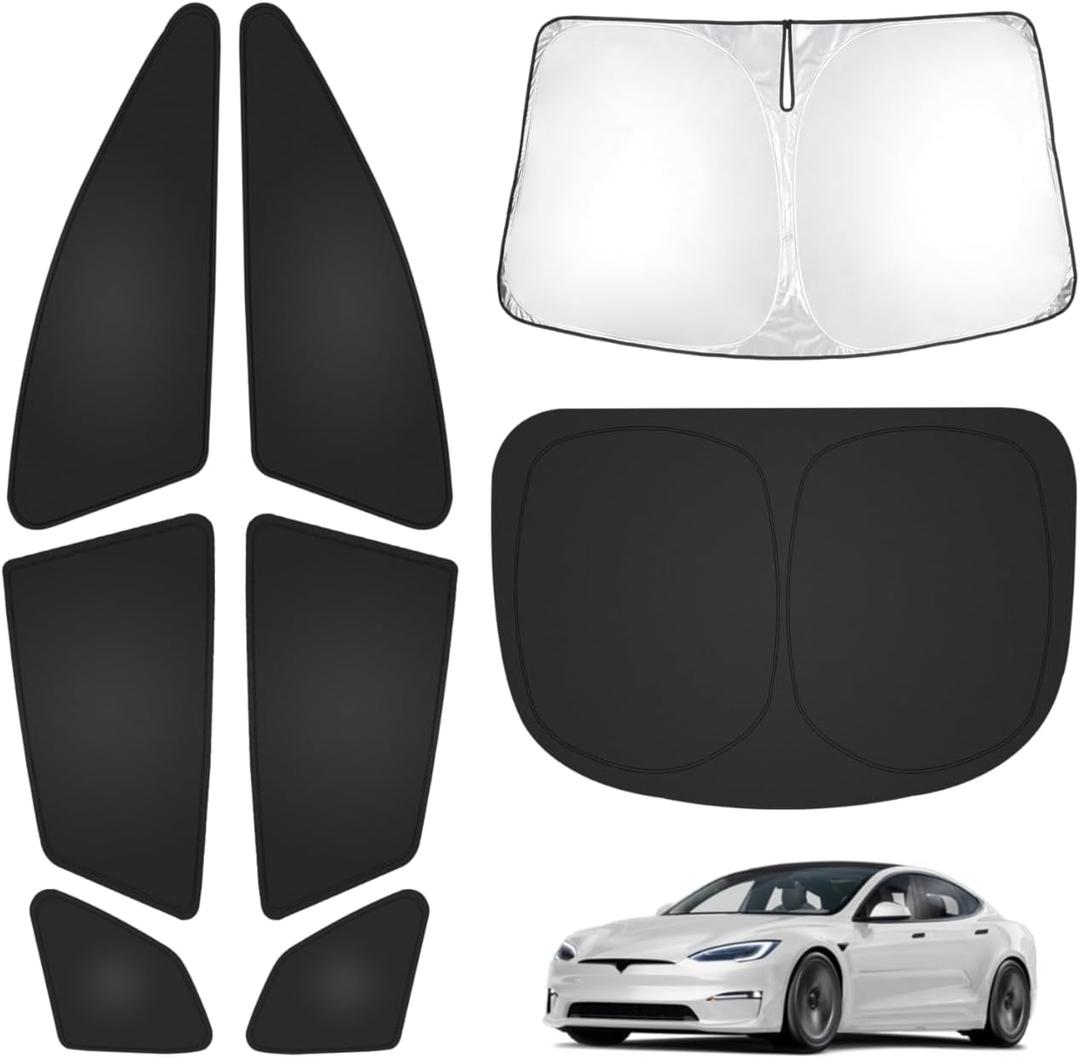 T TGBROS Windshield Sun Shade for Tesla Model S Plaid 2021-2025 2026 Car Window Shades Thicken UV Block and Blackout Privacy Foldable Sunshades 8PCS Accessories Keep Cool Sun Visor Covers