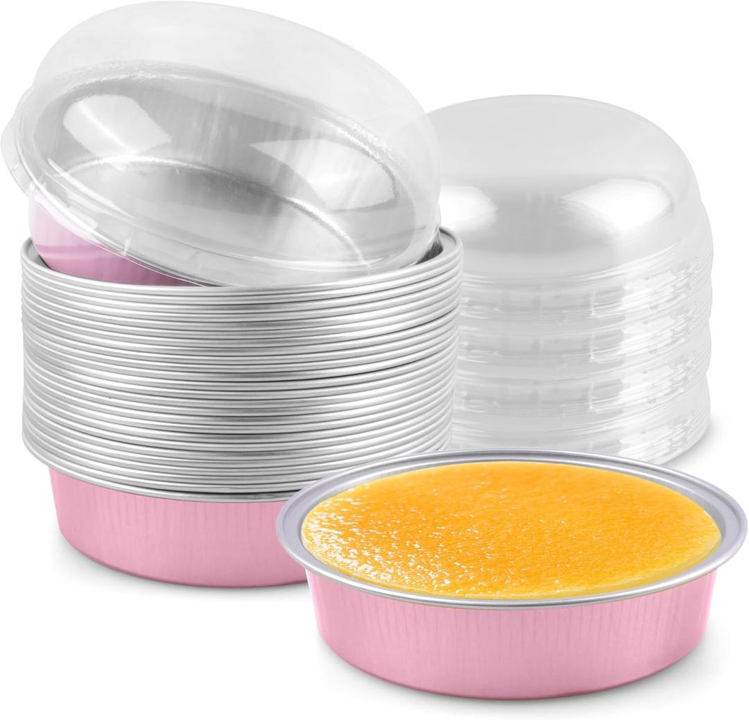 Tikxlafe 25 Pack Disposable 4 Inch Mini Pie Tins with Lids 8 Oz Golden Aluminum Pie Pan Tins for Baking Tarts, Cakes, and Quiche Ideal for Parties and Weddings-pink