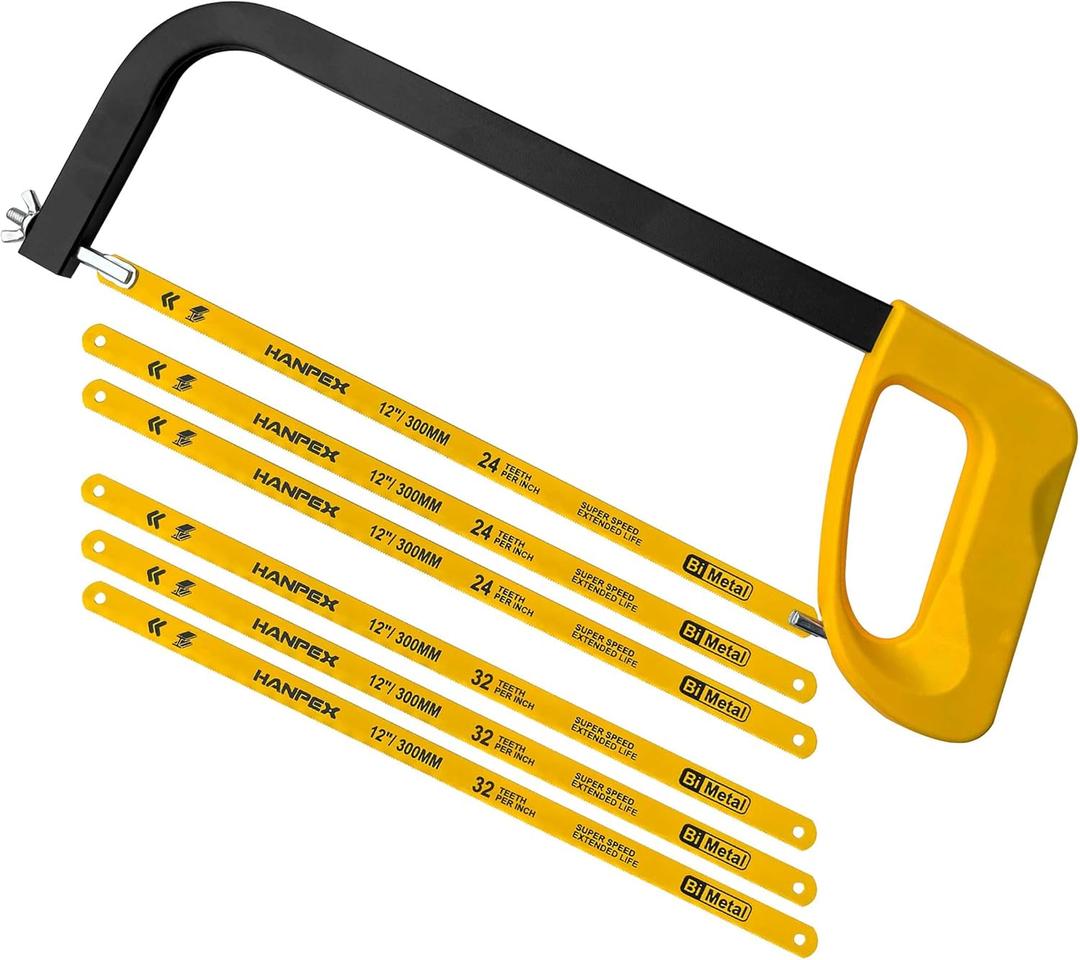 12in. High-Tension Hacksaw Frame with 5pcs Extra Bi-metal Blades, Hand Saw Suitable for Metal, wood, PVC, Carpentry