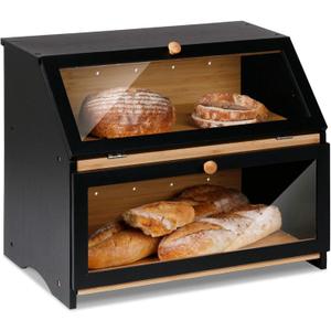 HOMEKOKO Double Layer Large Bread Box for Kitchen Counter, Wooden Large Capacity Bread Storage Bin (Black)