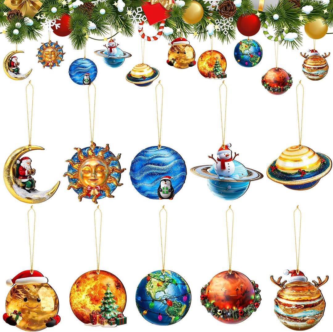 20 Pcs Eight Planets Hanging Christmas Ornaments with Santa Hat Flat Wooden Outer Space Solar System Cutouts Sun Earth Moon Ornaments with Rope Shoot Hanging Tree Decor for Holiday Xmas