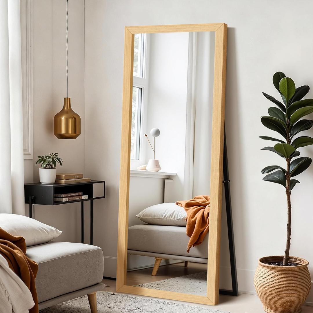 Delma Wall Full Length Mirror, Standing Mirror Full Body, Large Floor for Wall Door Bedroom Bathroom Living Room with Wooden Frame(with Stand,56x20) (Natural)