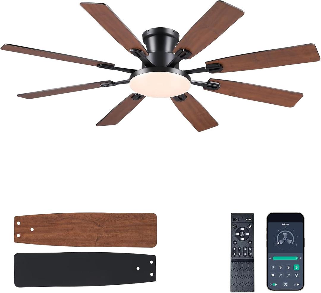 JSAITEE 60Inch Ceiling Fan with Lights and Remotes, Large Low Profile Flush Mount Ceiling Fans,DC Reversible Motor, 3CCT Dimmable,Noiseless,Dual Finish, Brown 6 Speeds Ceiling Fan for Indoor/Outdoor