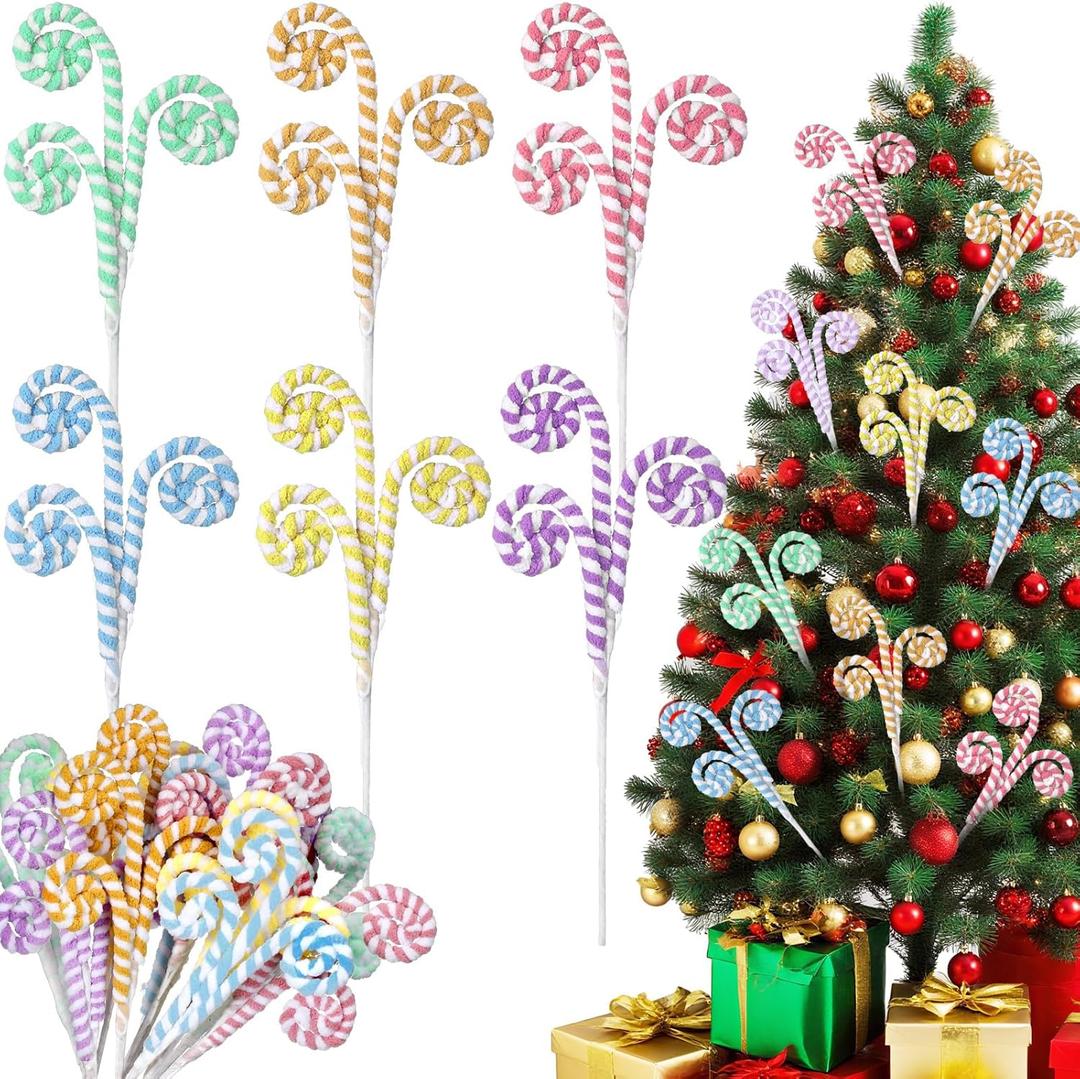Janinka 12 Pcs Pastel Candy Christmas Tree Picks 11.81 Inches Macaron Woolen Bells Candy Cane Curly Picks for Xmas Tree Topper Branches Ornaments Vase Filler Home Decor