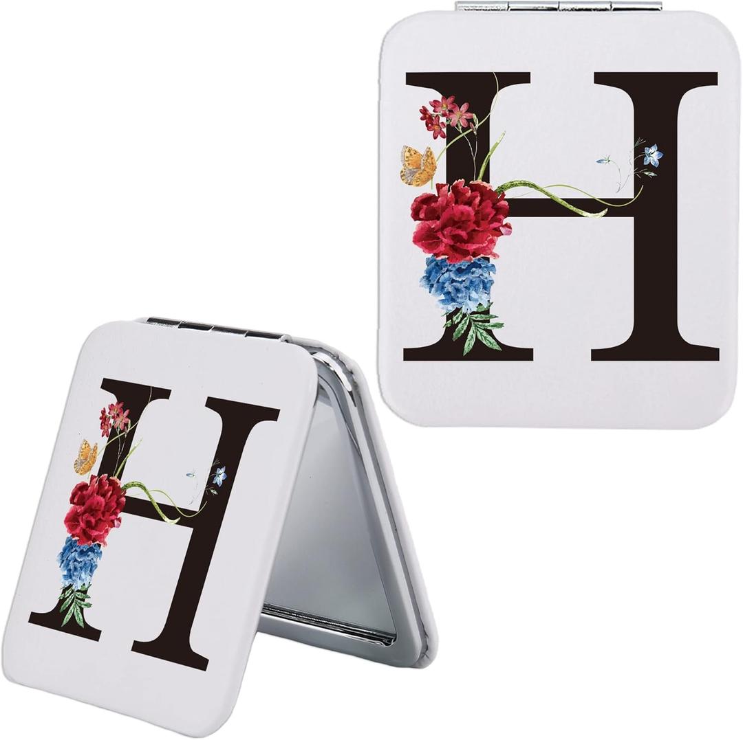 SUNBMO Initials H Compact Mirror - PU Leather Makeup, Bridesmaid Gifts for Women, Wedding & Engagement Gifts