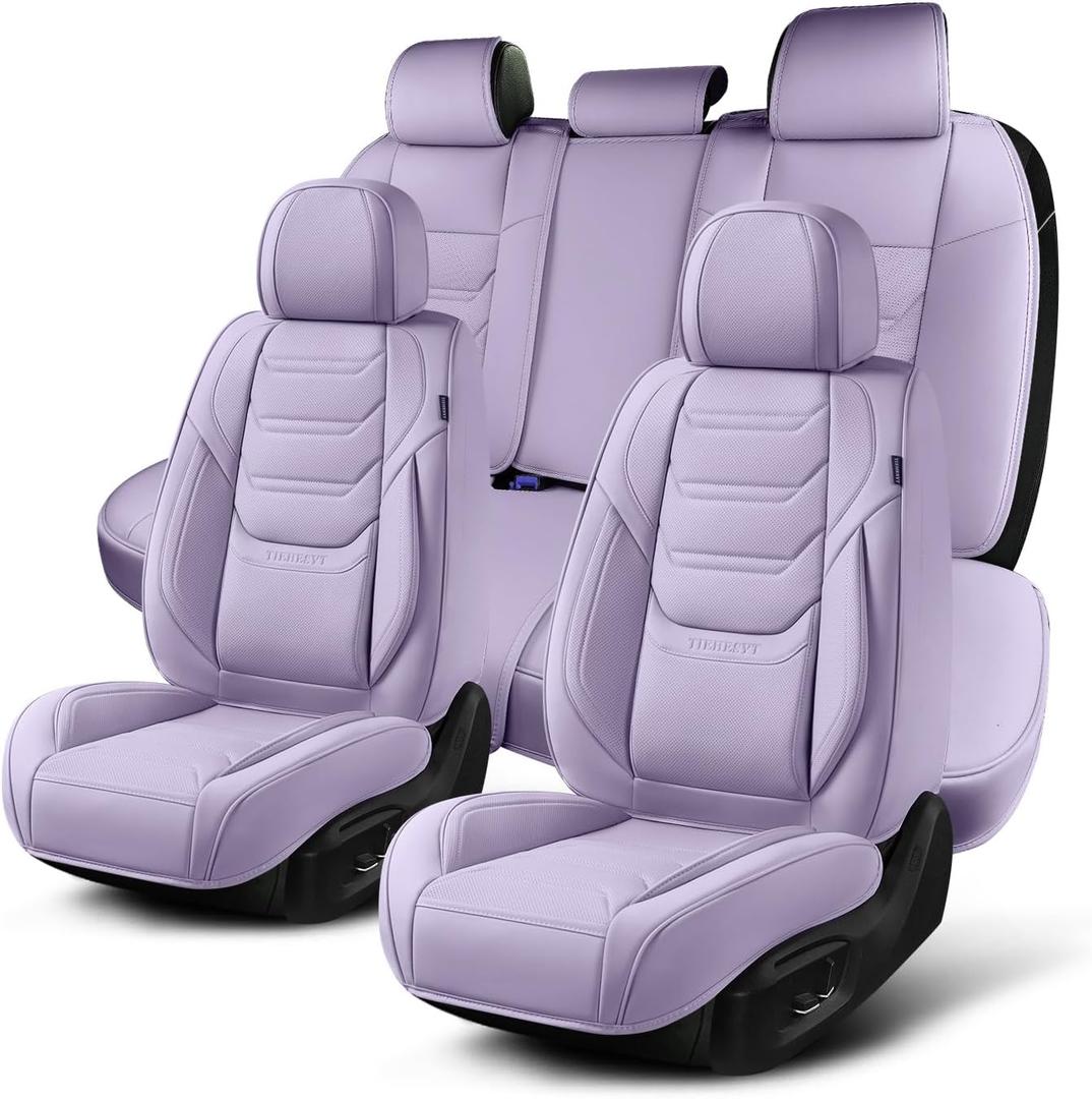 TIEHESYT Leather Car Seat Covers Full Set with Lumbar Support, Waterproof Car Seat Cover, Universal Seat Covers for Cars, Trucks, SUVs, Sedans, Airbag Compatible, Front Pair and Rear, Purple
