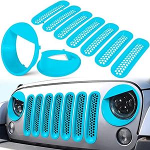 Front Grille Mesh Inserts & Headlight Cover for Jeep Wrangler JK JKU Sport Freedom Rubicon Sahara Unlimited 2007-2018 Exterior Accessories Clip-in Grille Guard Headlight Bezels Trim (Matte Light Blue)