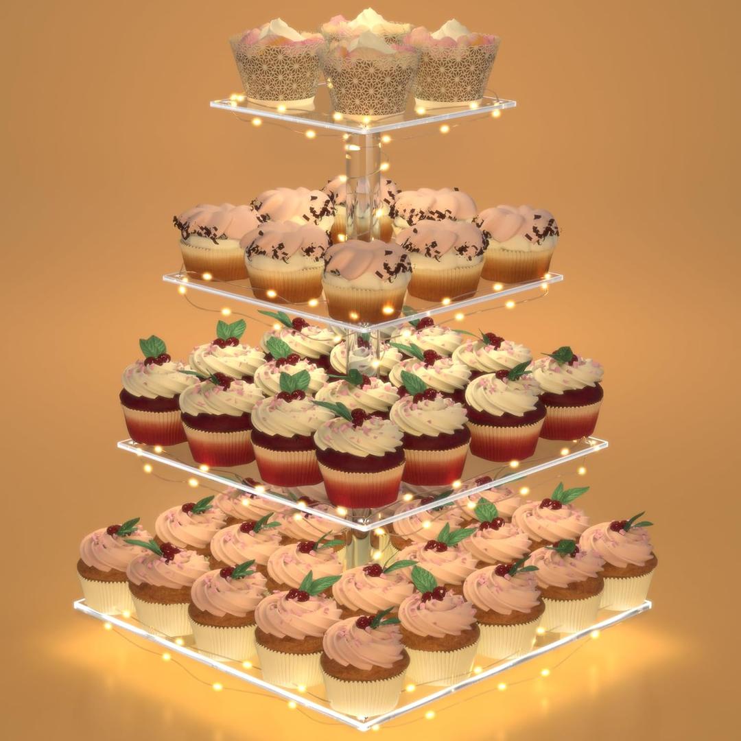 Cupcake Stand with Lights, 4 Tier Cupcake Holder, Light Up Cupcake Stand for 24 Cupcakes, Dessert Table Display Set for Weddings, Christmas, Birthday Parties (Yellow Light)
