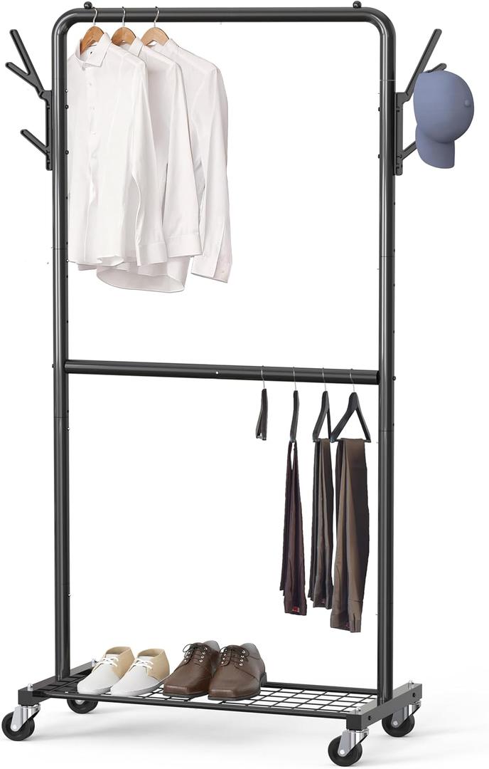Simple Houseware Double Rod Garment Rack with Wheels and Hooks, Black