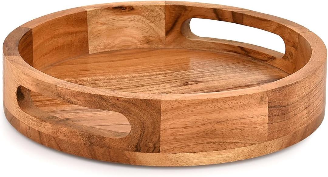 Serving Trays Acacia Wood Round Decoration Wooden Tray Unique Design for Serving, Coffee Table, Home Dcor and Entertaining (10" x 10" x 1.6")