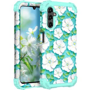 Hocase for Galaxy A15 5G Case, Heavy Duty Shockproof Protection Soft Silicone Rubber Bumper+Hard Plastic Hybrid Protective Case for Samsung Galaxy A15 5G (6.5") 2024 - White Flowers in Teal