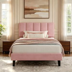 Garvee Twin Size Bed Frame with Upholstered Headboard for Kids, Pink
Fully Velvet Upholstered Mattress Foundation with Height Adjustable Headboard, No Box Spring Needed, Easy Assembly