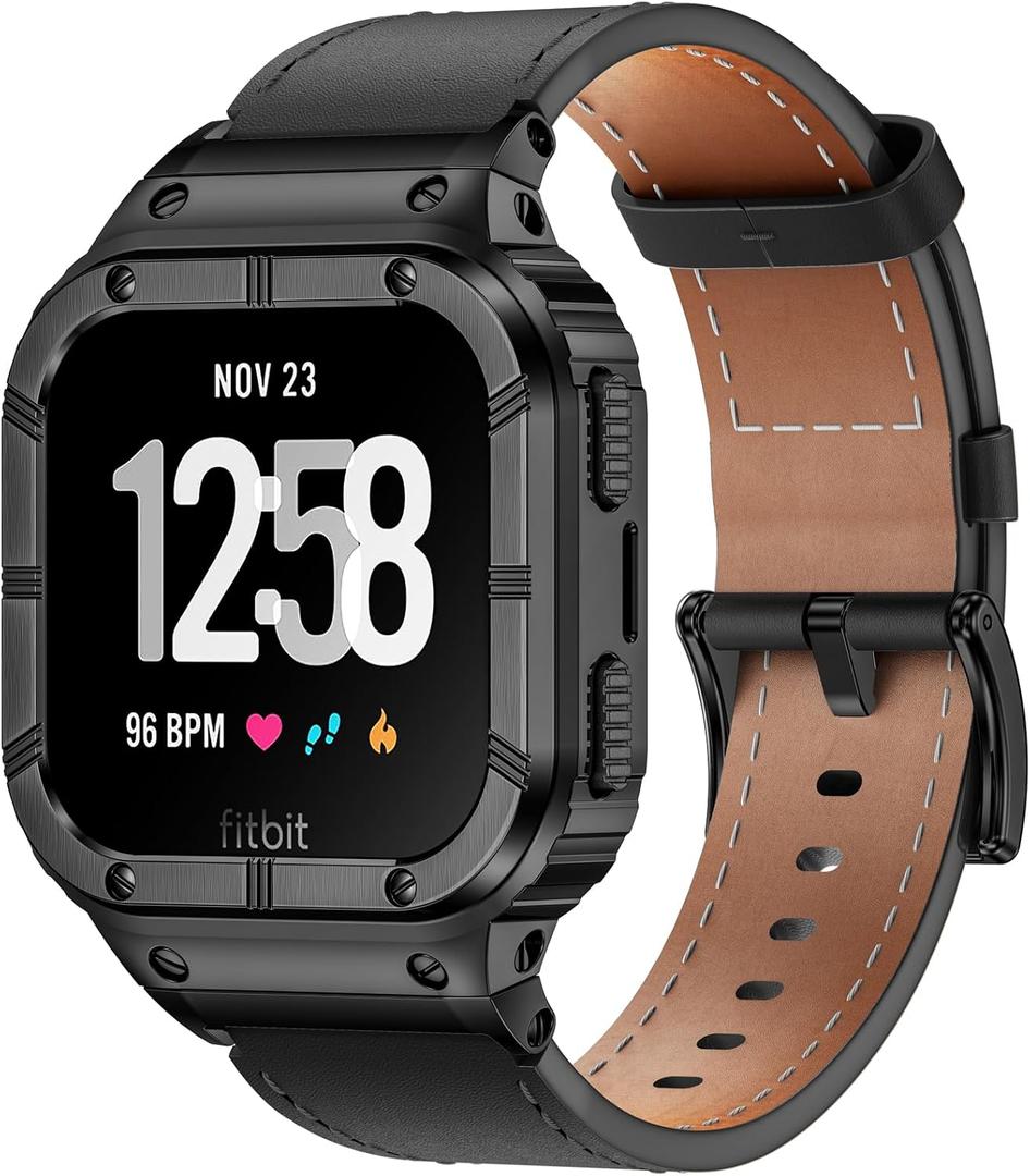 Leather Bands with Stainless Steel Case, Compatible with Fitbit Versa, Lite Sense, Protective Case for Men, Black