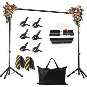 JSungo Backdrop Stand, Adjustable 10x7.5 FT Background Stand Backdrop for Parties, Photo Video Studio, Portable Photography Backdrop Stand with Carrying Bag, 6 Backdrop Clamps, and 2 Stand Bags (10x7.5ft, Black)