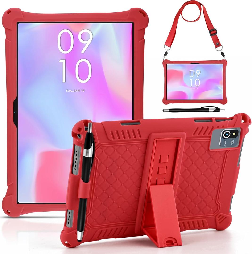 DETUOSI Okaysea 10.1 inch Silicone Tablet Case with Stylus Pen & Shoulder Strap, Moderness 10.1" Case, Soft Portable Protective Cover for QunyiCO 10.1, Azeyou Tab 6 10 inch, Red