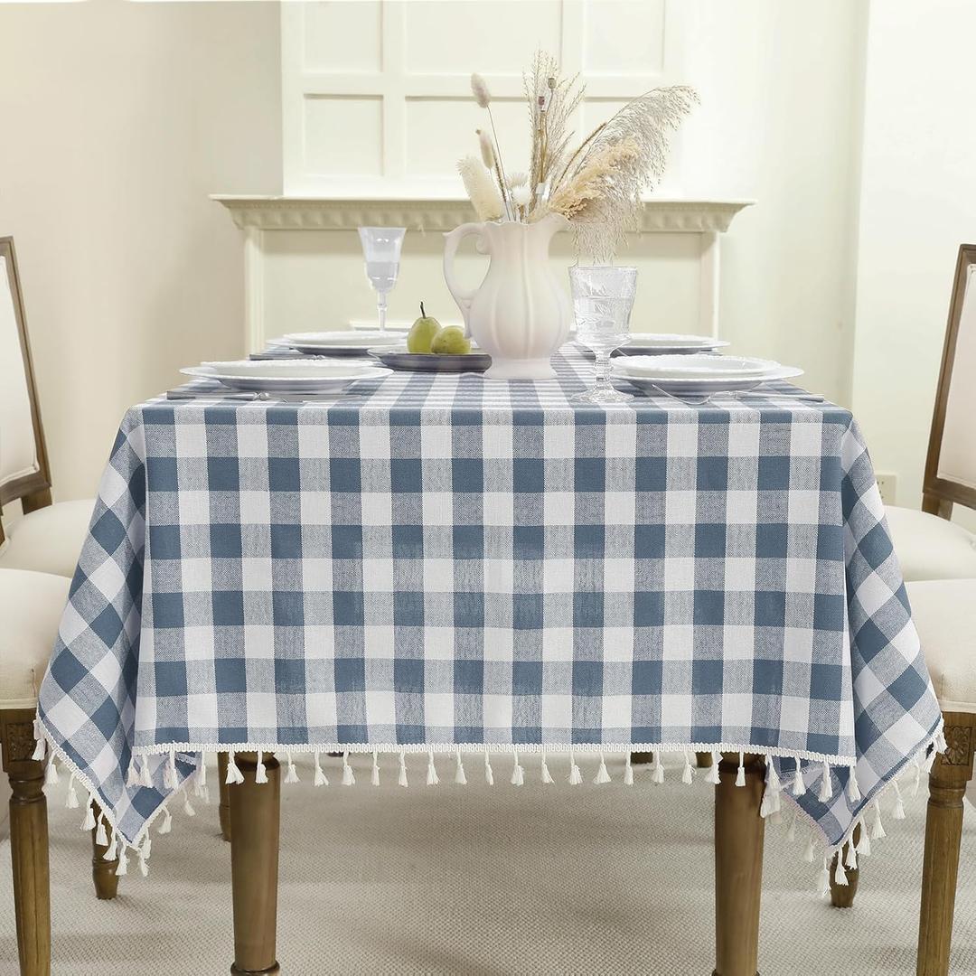 Romanstile Checkered Tablecloth Rectangle, Outdoor Waterproof Linen Cotton Gingham Table Cloth with Tassel, Heavy Duty Wrinkle Free Buffalo Plaid Table Cover for Dining Kitchen - 55 x 70 Inch, Blue