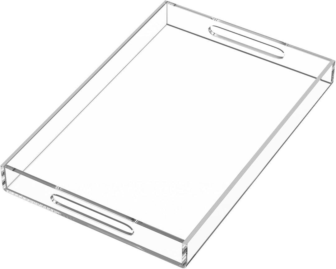 HIIMIEI Acrylic Tray, 10x15 Inches Clear Tray, Acrylic Serving Tray with Handles for Ottoman, Coffee, Appetizer, Breakfast, Bathroom (Clear)