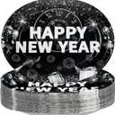 50Pcs Happy New Year 2026 Oval Paper Plates 10" x 12" Large Disposable Heavy Duty New Year's Eve Party Plates Black Silver New Years Dessert Platters for 2026 New Years Eve Holiday Party Decorations