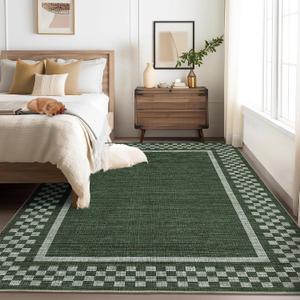 GarveeHome 5x7 Washable Area Rug for Bedroom Living Room Non Slip Modern Bordered Throw Rugs Low Pile Soft Checkered Dining Room Area Rugs Geometric Throw Carpet for Kitchen Nursery Office, Green