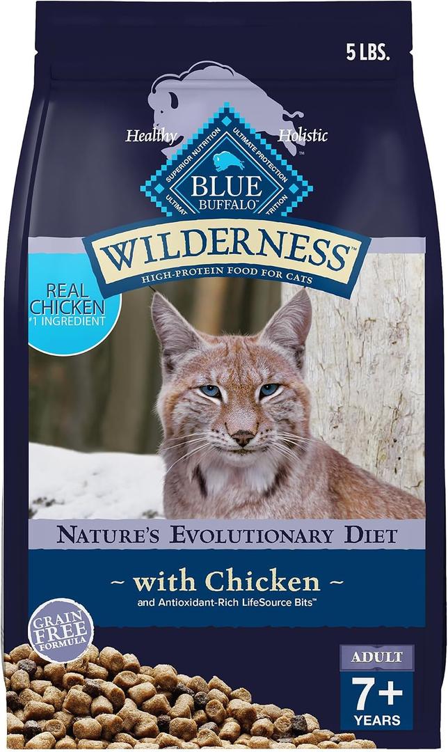 Blue Buffalo Wilderness Natural Mature Dry Cat Food for Cats 7+ Years, High-Protein and Grain-Free Diet, Supports Immune System Health and Energy to Stay Active, Chicken, 5-lb. Bag (EXP 02/13/26)