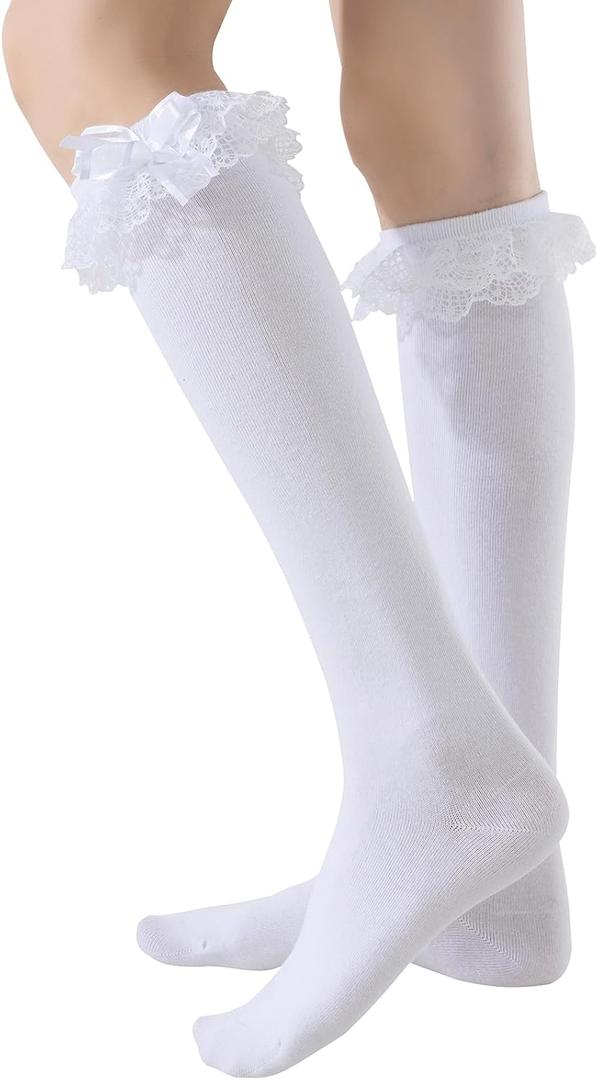 YASIDI Fashion Knee High Socks for Women, Cotton Lace Ruffle White Long Tube Socks (US 5,9, Regular, 1 Pairs-White-Lace Bow)