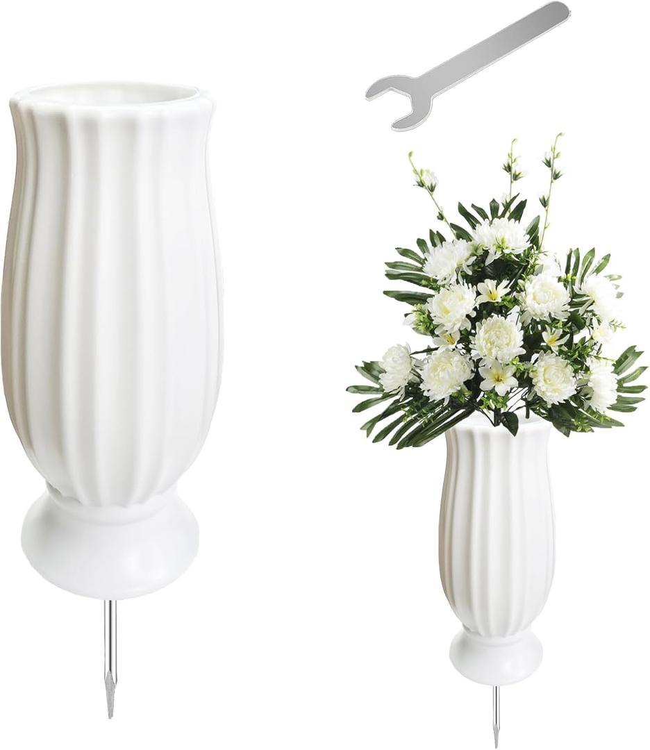 Cemetery Vase for Grave Decorations with Metal Spike Headstones Flower Holder (White)