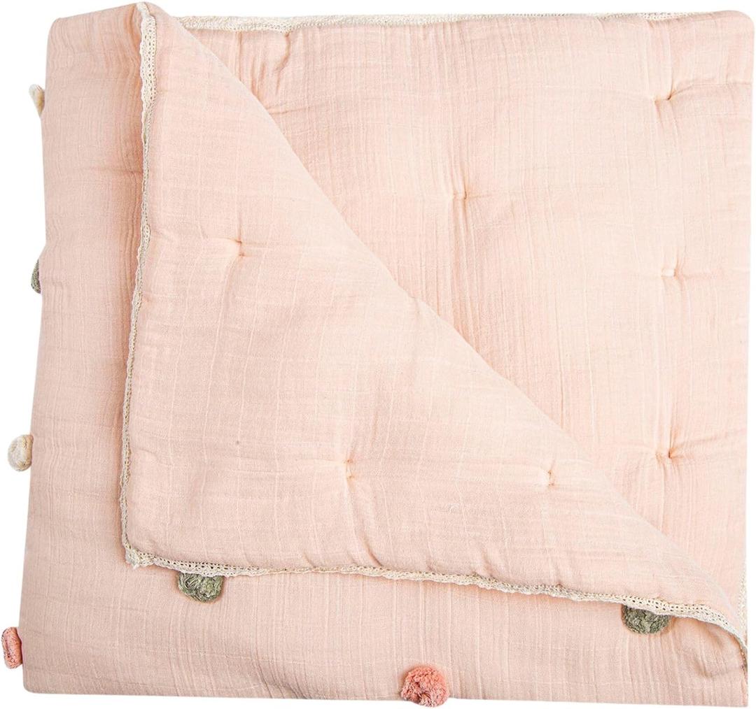 Crane Baby Blanket, 36 x 36, Soft Cotton Pom Pom Nursery Blanket for Boys and Girls, Light Pink