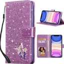 UEEBAI Wallet Case for iPhone 11, Glitter PU Leather Phone Cover Card Slots Kickstand Wallet Magnetic Closure Bling Flip Case Shockproof Hand Strap Flip Cover - Glitter Purple
