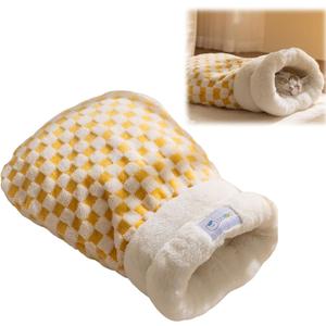 Cat Sleeping Bag, Cat Sleeping Bag for Indoor Cats Self Heating Cozy Winter Soft Plush Self Warm Kittens Indoor Sack 360Wrap Comfortable Pet Snuggle Sack for Cats up to 8kg/17.6lb (Yellow Plaid)