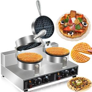 110V 2600W Commercial Double Waffle Maker,Non-Stick Commercial Waffle Baker,Stainless Steel Belgian Waffle Iron for Restaurant Party Food Stall, Bakery Snack Bar Family